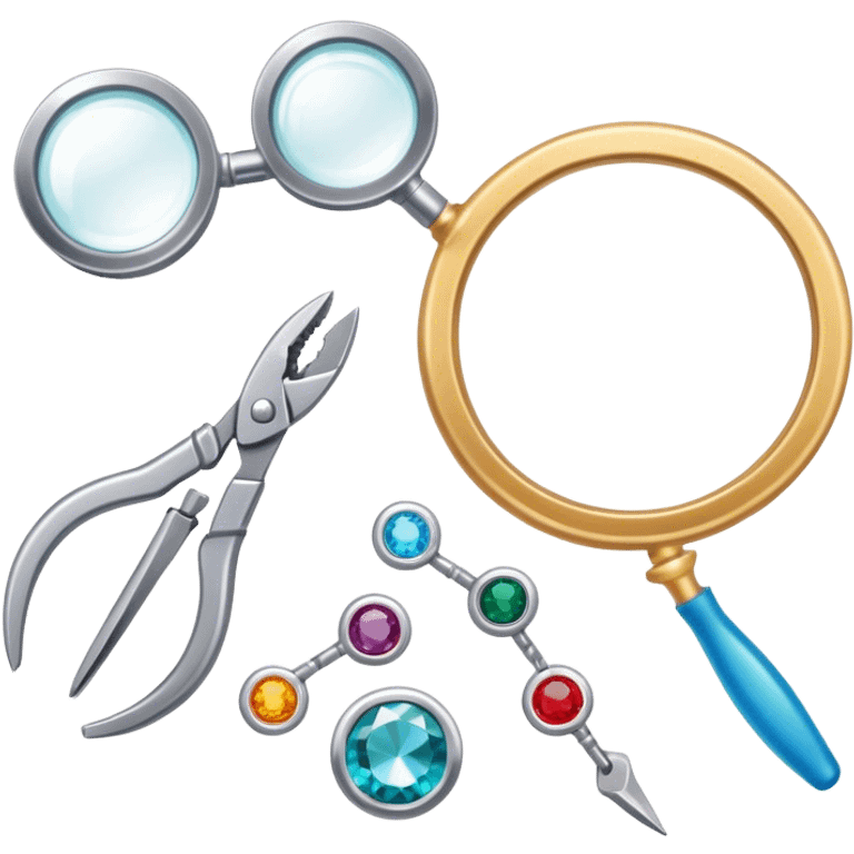 Jewelry art icon, detailed close-up of a ring or necklace being crafted, visible tools like pliers, magnifying glass, workbench with gemstones and wire, minimalistic style, clean lines, transparent background. emoji