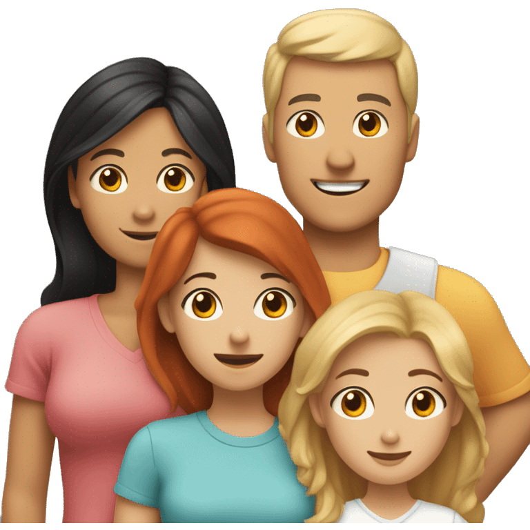 A family of 5 with the dad having black hair, the mom having brown hair, the oldest daughter having blonde hair, the second older daughter having red hair, the youngest boy having light red hair, and a white dog emoji