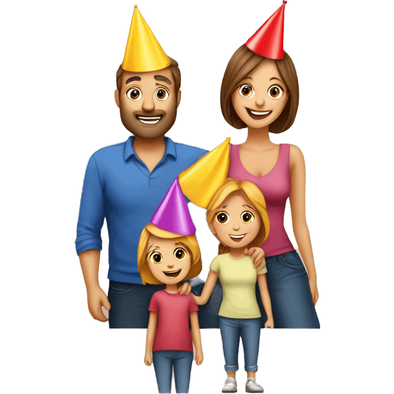 european family of 4 people (mom dad and 2 kids) celebrate birthday in birthday hats emoji