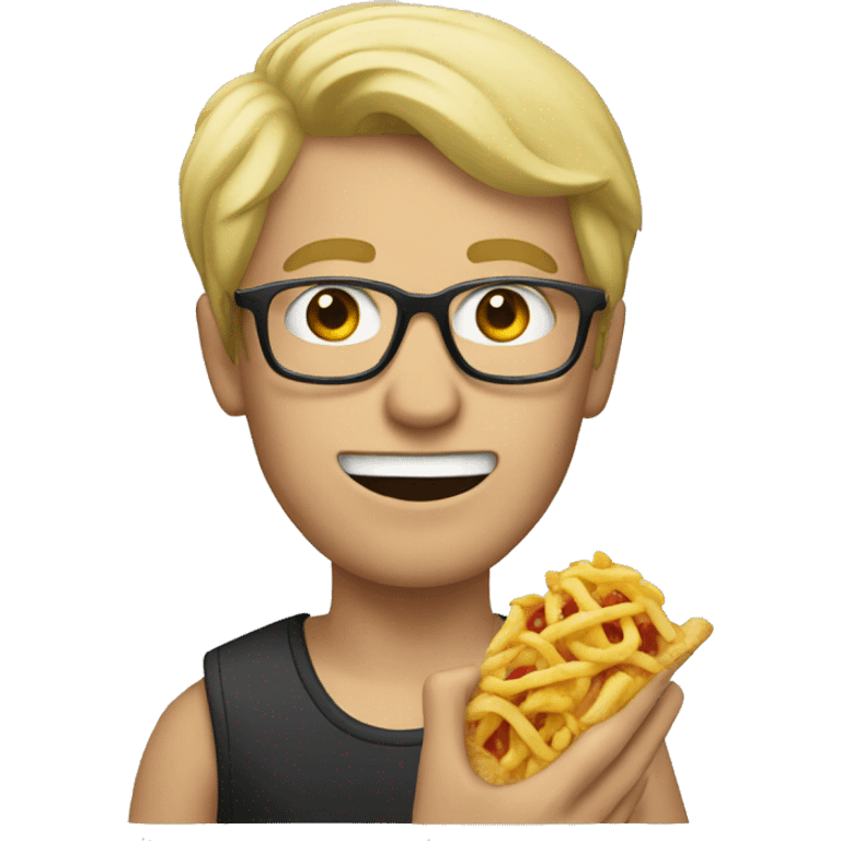 A man with blonde hair and glasses, eating a leg emoji