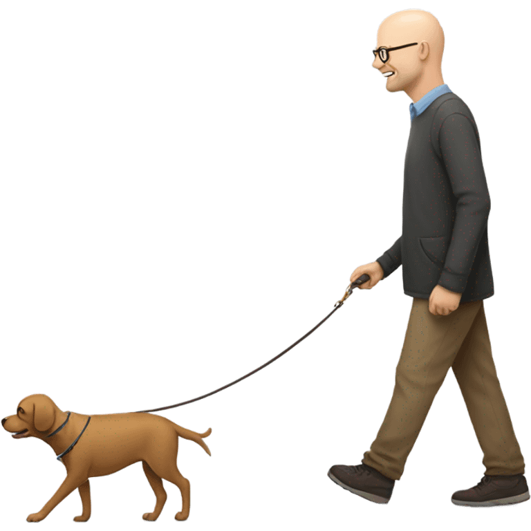 Bald white man with glasses walking a small brown dog emoji