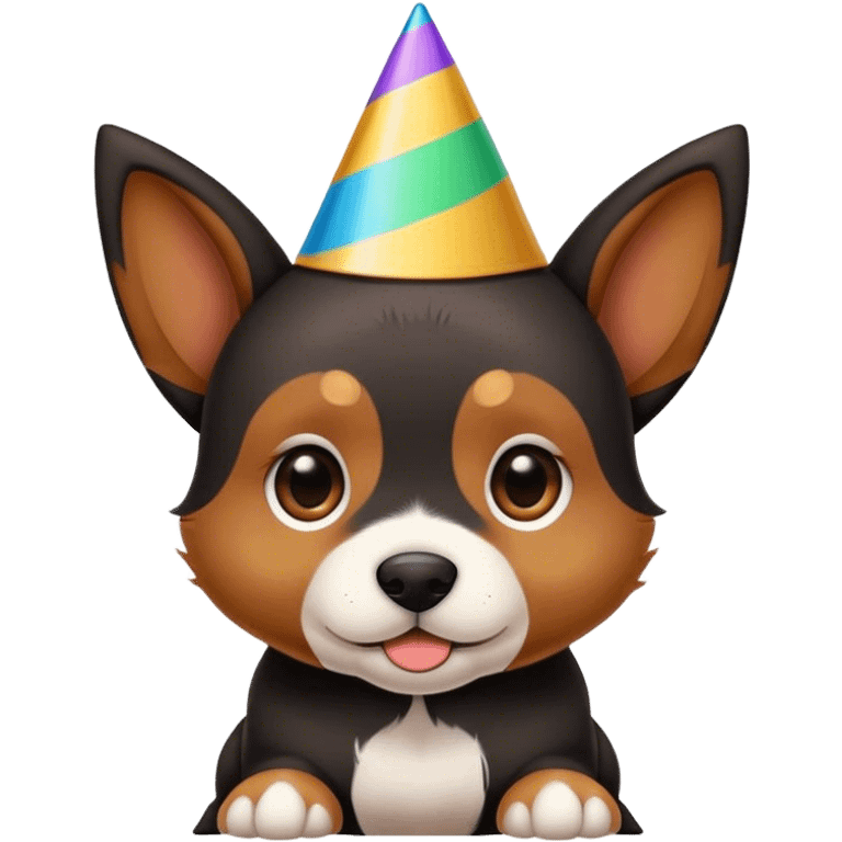 A black and brown pointy ear puppy without white with pointy ears with party hat emoji