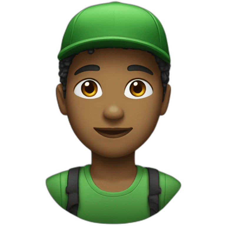 A boy wearing a green dress with written in it His hair is black and he's wearing a green cap. emoji