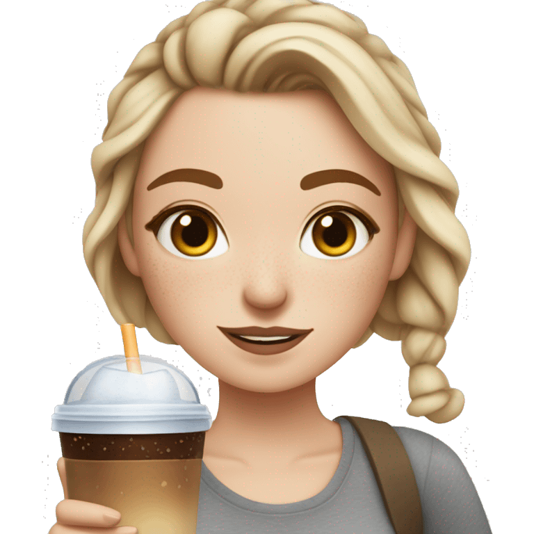 White girl with freckles in messybun holding iced coffee emoji