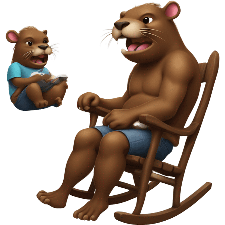 Giant beaver man in rocking chair petting his demon pet emoji