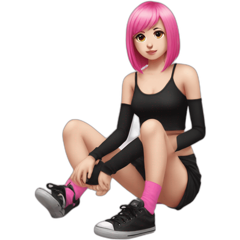 full body Front view emo girl sits on the floor black skirt pink knickers emoji