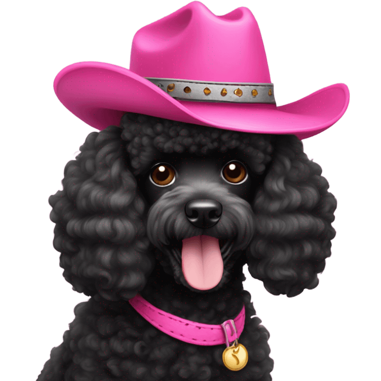 Black mini poodle with pink cowboy hat emoji