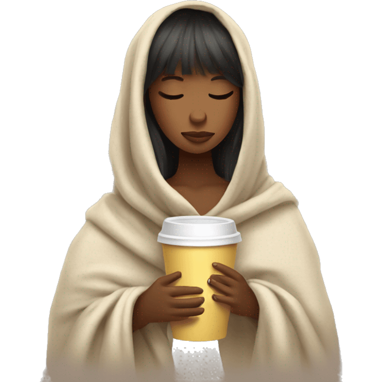 girl with bangs inside a blanket sipping coffee eyes closed emoji