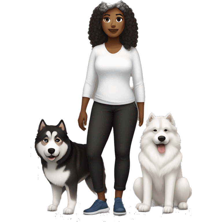 a white woman. is wearing black loose trousers and a white shirt. She is a cute, curvy woman with brown curls at shoulder length.    next to her is an Alaskan malamute dog. the dog is black with a white spot on his face. emoji