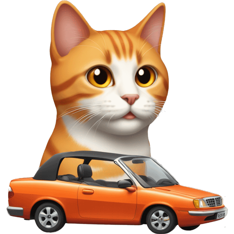 Gato naranja subido en un coche rojo y descapotable emoji