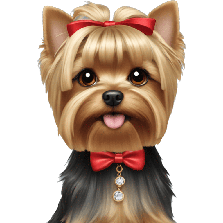 Yorkie face with red bow on hair on top of head and a necklace that says Prada emoji