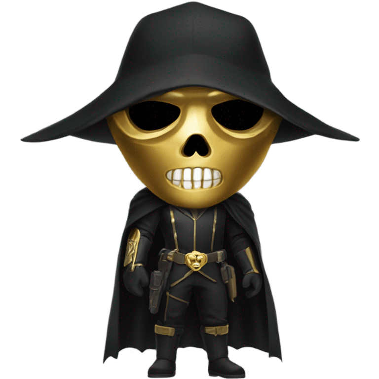 Bounty Hunter Boss with black cape and a gold skull mask from death Stranding, full body view emoji