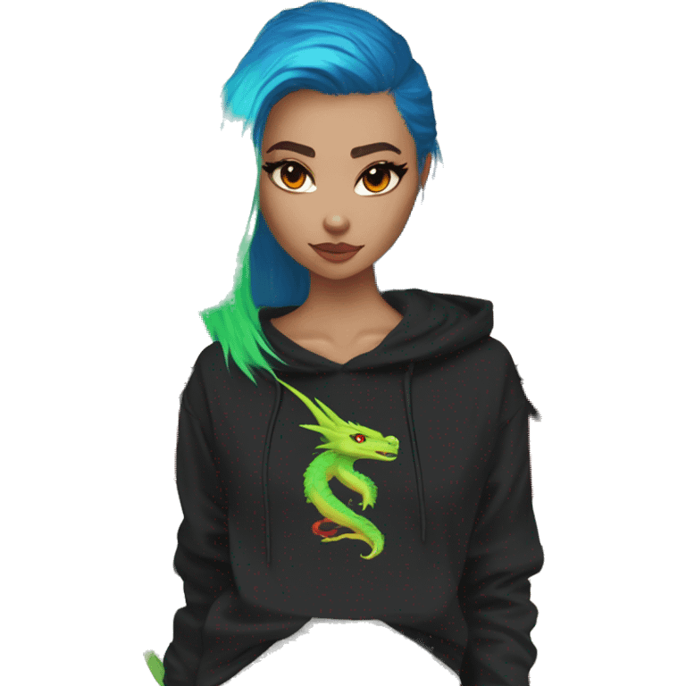 Lady with brunette and iridescent blue hair, gold, lime green dragon wings, black hoodie, bleach dyed, black and gold Nike t shirt, and bright red eyes emoji