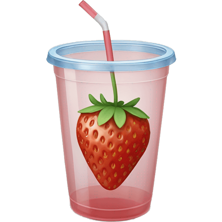 a single strawberry in a clear plastic cup that has water - there is also a straw with a lid emoji