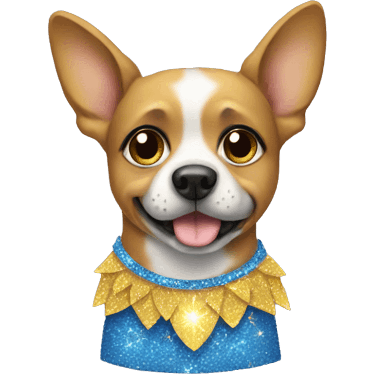 Dog wearing a yellow and blue sparkly skirt with wings emoji