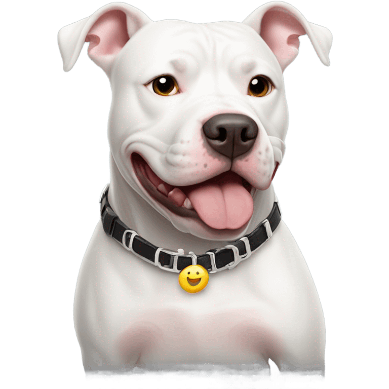 White pitbull with collar that spells out ice  emoji