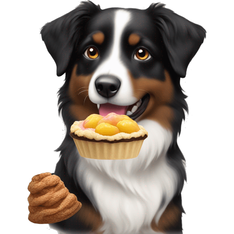 Small black australian shepherd dog with dessert  emoji