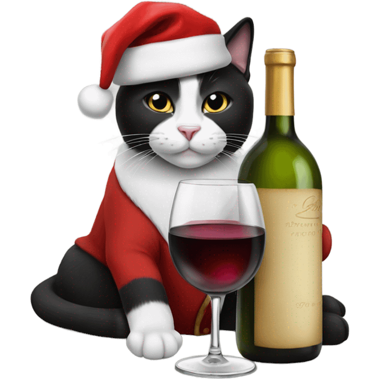 tuxedo cat drinking a glass of wine with a santa hat emoji