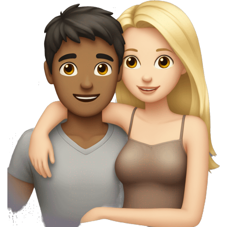 A blonde-haired girl and a dark-haired boy cuddling emoji