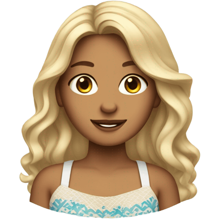 Mediterranean tanned girl with blonde lengthy wavy hair with a coastal granddaughter outfit  emoji