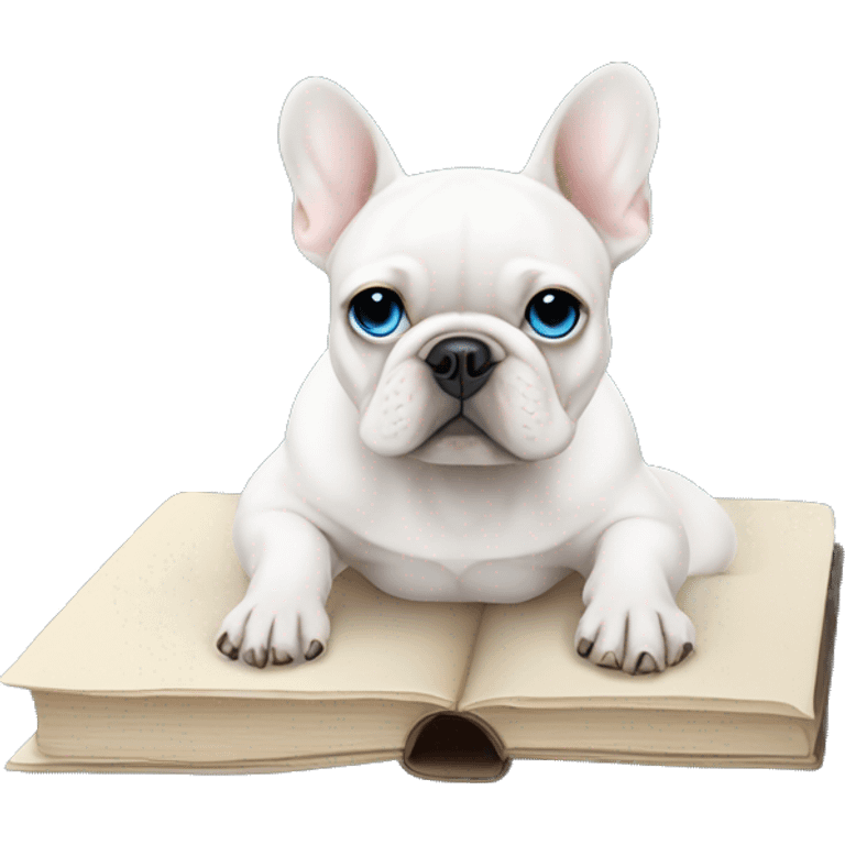 White French bulldog with blue eyes sitting on a Chanel book emoji