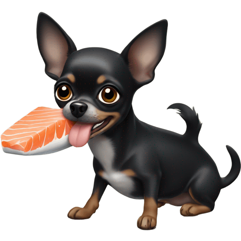 Black chihuahua with salmon in mouth emoji