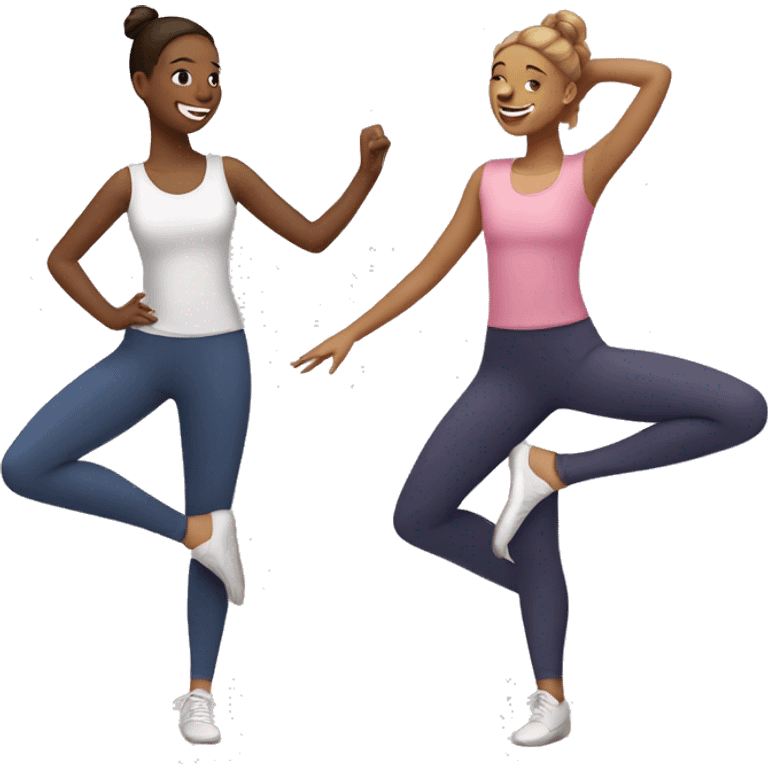 Two teenage girls chatting in a dance class while stretching emoji