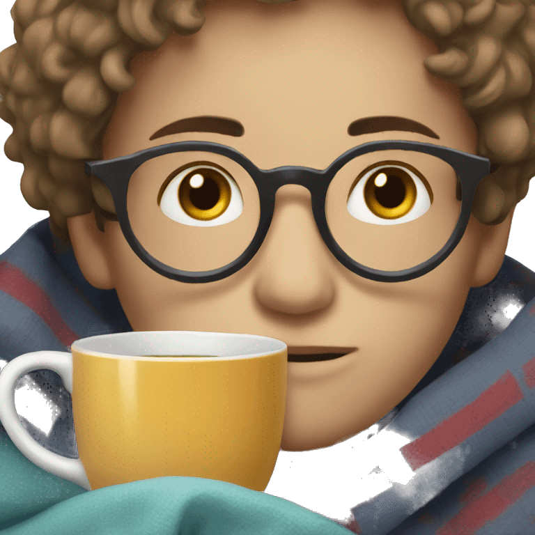 a boy in glasses drinking tea in a blanket emoji