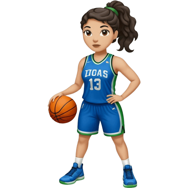 full body plus size light skin  latino women basketball player with wavy dark hair in pony tail wide nose wearing blue uniform with green accent emoji