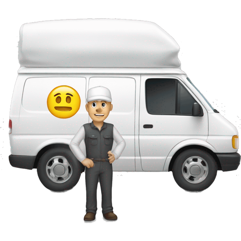 a white van and a man with white cap standing next of it emoji