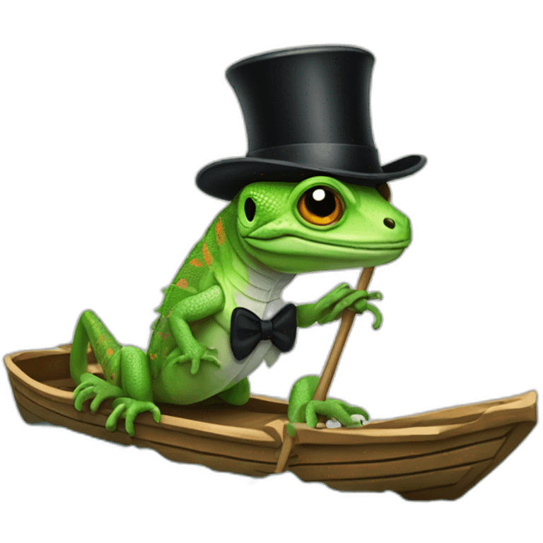 lizard with a cane and a black top hat on a flatboat emoji