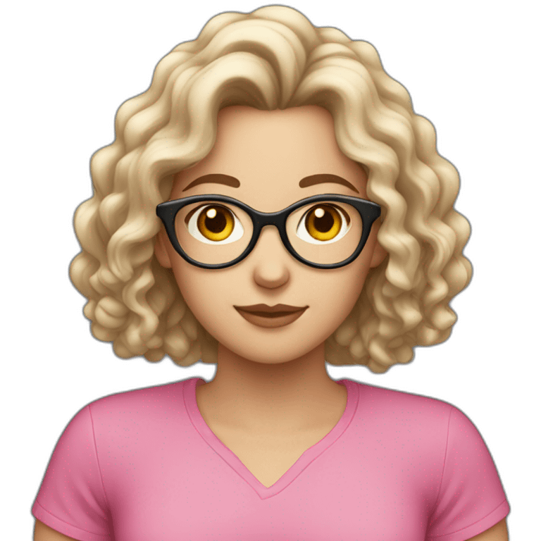 white girl with dark long curly hair and glasses in pink shirt emoji