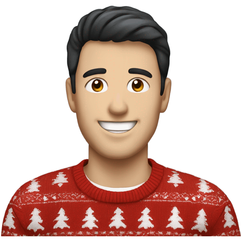 Happy white man with black hair and red christmas jumper and blue jeans  emoji