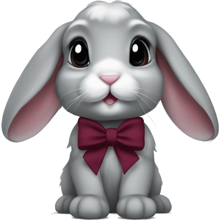 gray Baby lop bunny with coquette burgundy bow on ear emoji