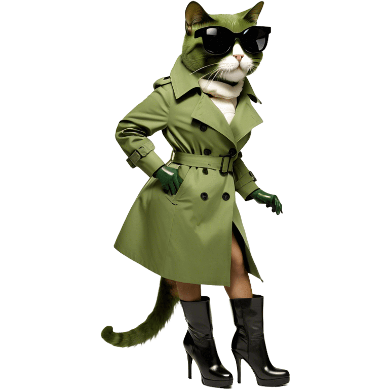 Cat wearing a trench coat with sunglasses while wearing high heel boots emoji