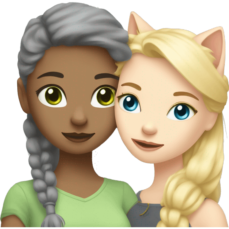 blue eyes grey kitten and green eyes blonde girl are friends emoji