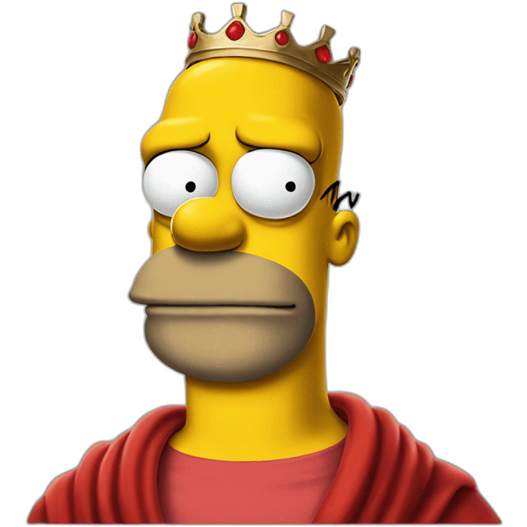 Half body portrait of homer simpson wearing a red cloth, black sunglasses and a crown and sitting in a huge thorn emoji