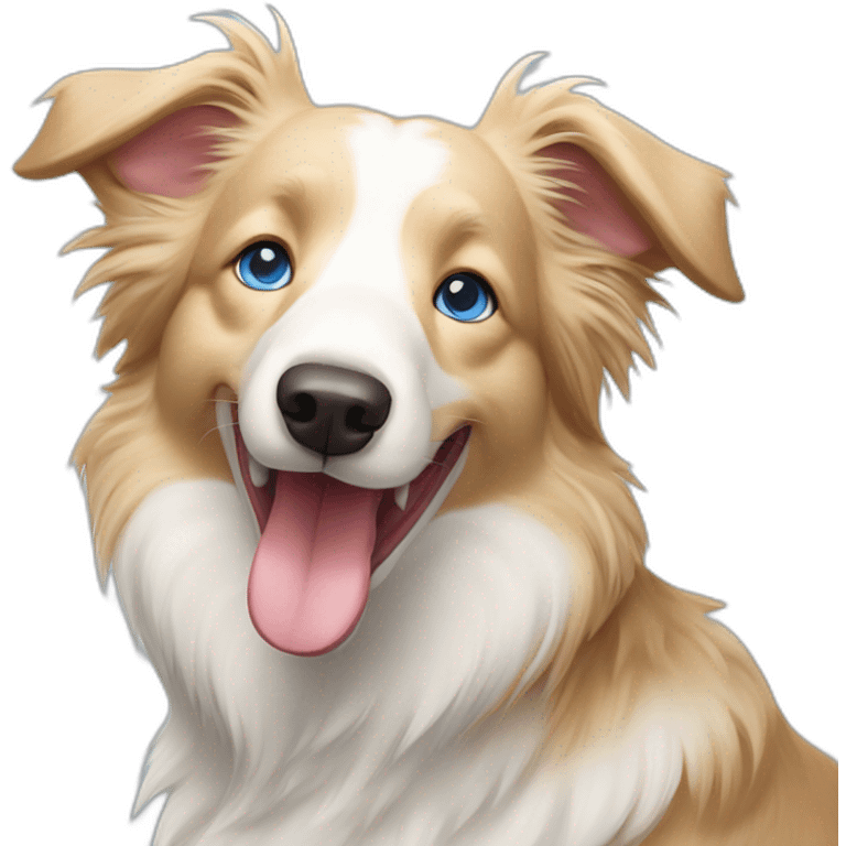 Blonde border collie with blue eyes and tongue out emoji