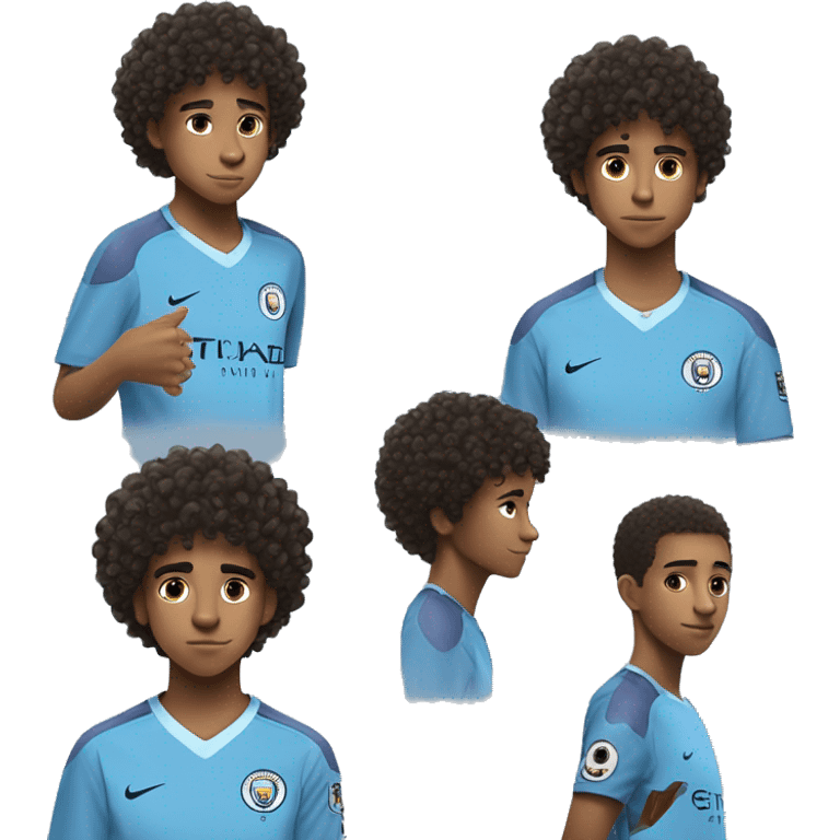 A 14 yearyears old africa americn dude with curly hair wearing a Manchester city jersey 2018 sponsor  emoji