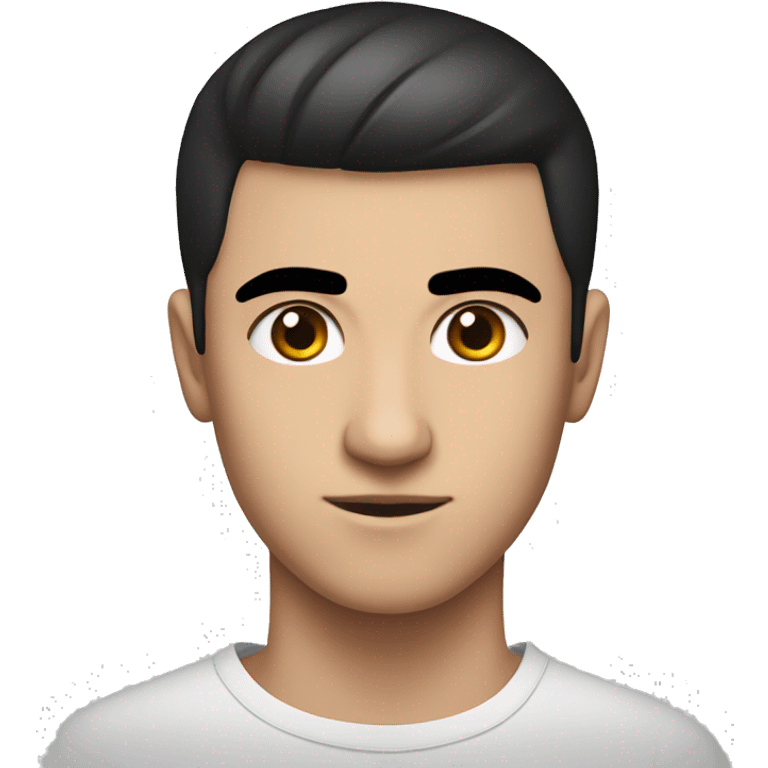 a forward-styled haircut with shaved sides black hair straight, thick black eyebrows, an average nose, and black eyes. teenager 15 years old guy turkish teen runnin emoji