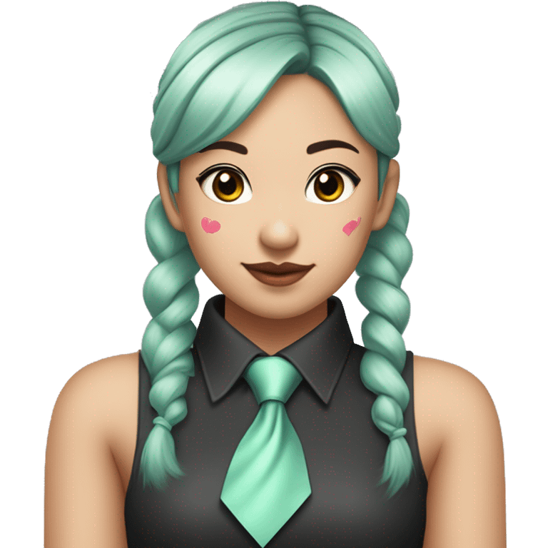 
An Asian girl with long mint colored pigtails wearing a sleeveless silver shirt, a mint colored tie, and a black flared arm sleeve with a red 01 tattoo on her left arm has a pink square with a black border running through each pigtail emoji