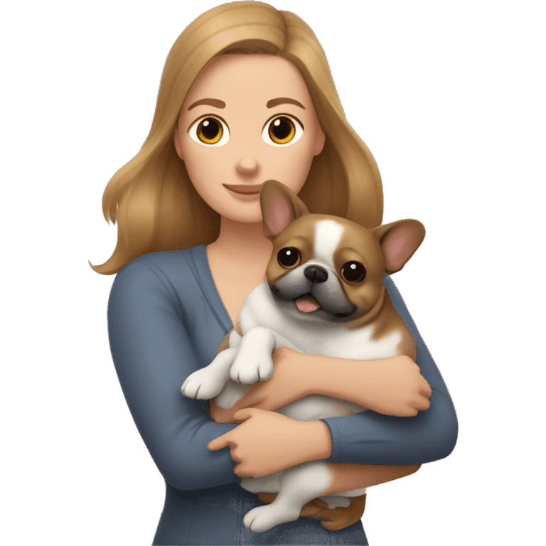 light brown hair woman hugging two dogs: in one arm a pomeranian and in the other a dark gray french bulldog emoji