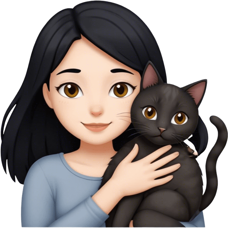 happy girl with black hair hugging three cats  (black cat, gray cat, brown calico cat) emoji