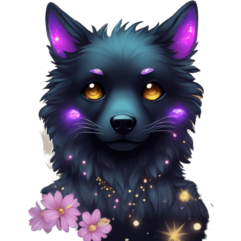 Black iridescent fluffy dog fox head zombie skeleton gold mechanical nebula galaxy stars colorful flowers fairy lights vintage emoji