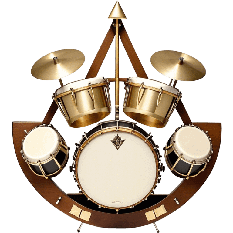 Create a heraldic, festive, and professional emblem-like emoji representing percussion instruments. The design should resemble a traditional crest, featuring a range of percussion instruments like cymbals, triangle, tambourine, maracas, timpani, and other traditional and folk percussion instruments. Arrange them symmetrically, with elements like cymbals crossing each other, a triangle at the center, and timpani or drums flanking the sides. The instruments should be depicted with metallic and wooden tones—shiny brass for cymbals, silver for the triangle, and rich wood or polished bronze for drums. Include ornate details like engraved patterns on the instruments, decorative swirls or laurels, and subtle accents to add elegance and festivity to the composition. The overall design should be cohesive, balanced, and visually striking, suitable for use as a prestigious emblem. The background should be transparent. emoji