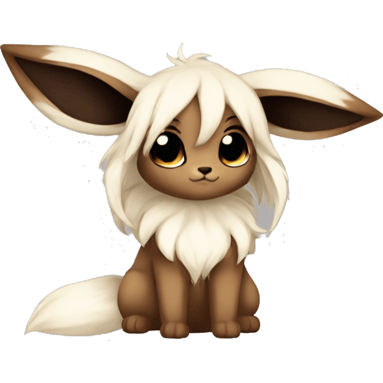 Kawaii Pale Shiny Eevee with dark brown long emo hair covering her eyes Full Body emoji