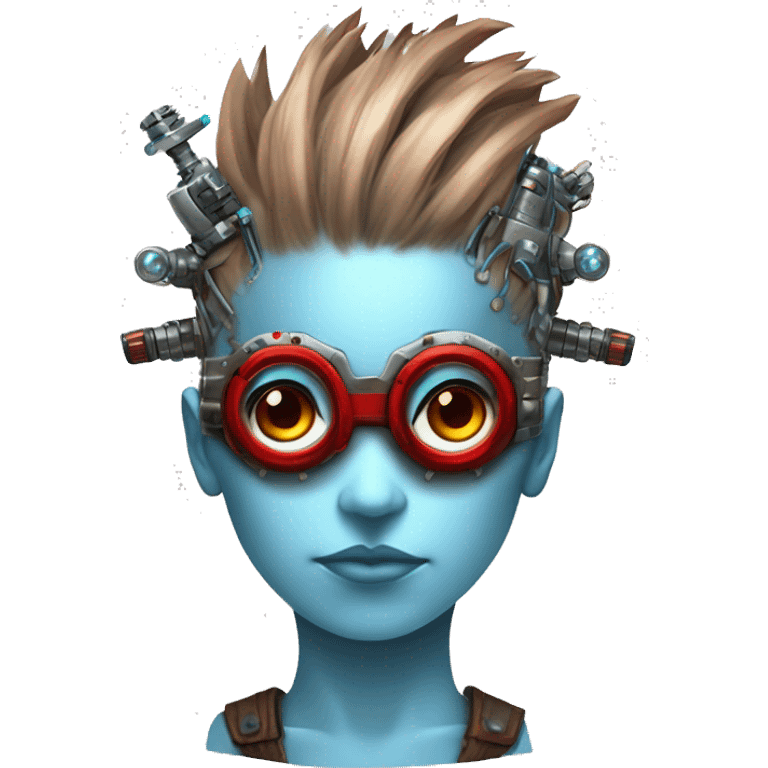 Light blue Mohawk hair female cyborg head with red steampunk goggles and circuits emoji