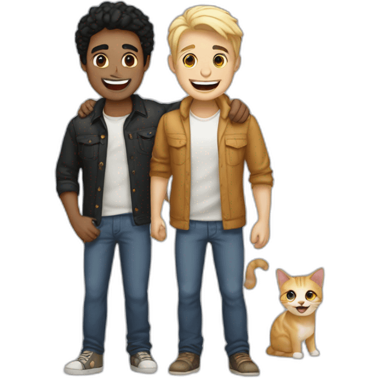 Gay male couple, 1 Latino black hair, the other one Australian blonde hair with a cat in the middle laughing full body emoji