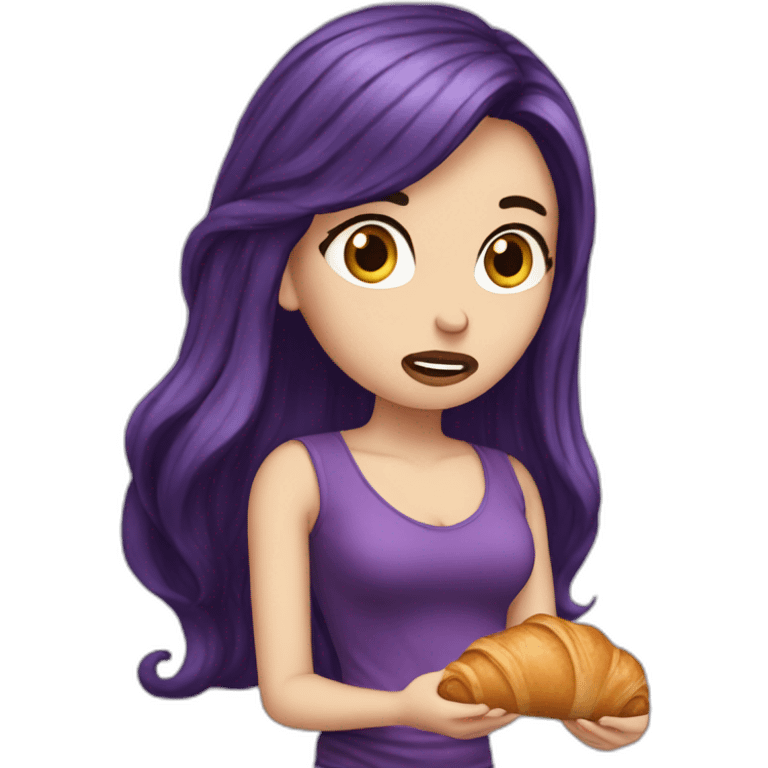 white girl long deep purple hair upset eating croissant emoji