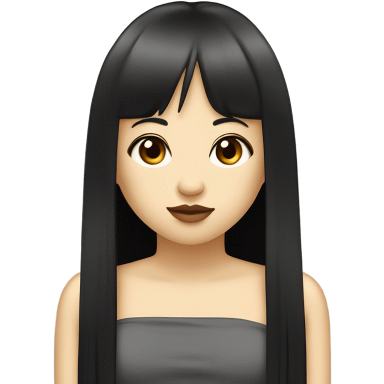 Girl with long straight black hair, curtain bangs, pale yellow skin, a tube top, dark brown eyes, plump lips, button nose and monolid eyes. Asian. emoji